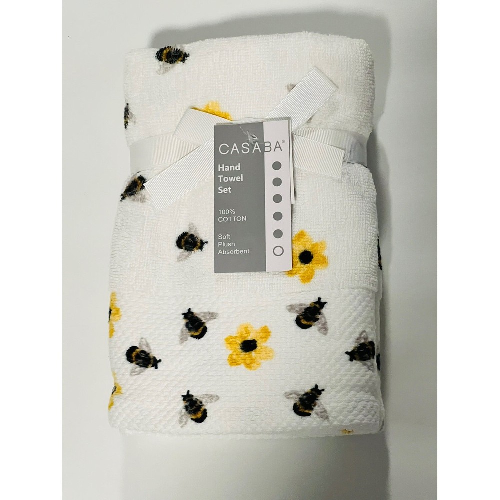 🐝 🌻 Casaba 2 Pc Set Bumble Bee Sunflowers Cotton Bath Hand Towel New